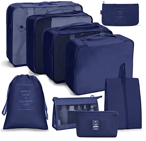 OSDUE Packing Cubes for Suitcases, 9PCS Travel Luggage Packing Organizers Waterproof Travel Essentials Bag Accessories Clothes Shoes Cosmetics Toiletries Storage Bags(Navy Blue)