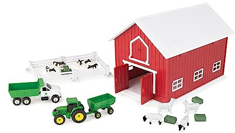 Britians John Deere 24 Pc. Childs Farm Animals & Tractor Toy Playset with Red Barn (1:64 Scale) - Storage Inside Red Barn with Handle - Quality Farm, Vehicle & Animal Toys for Kids 3+ Years Old