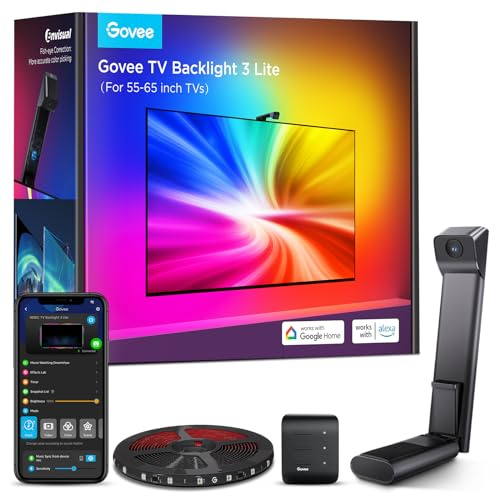 Govee TV Backlight 3 Lite with Fish-Eye Correction Function Sync to 55-65 Inch TVs, 11.8ft RGBICW Wi-Fi LED Strip Lights with Camera, 4 Colors in 1 Lamp Bead, Voice and APP Control, Adapter