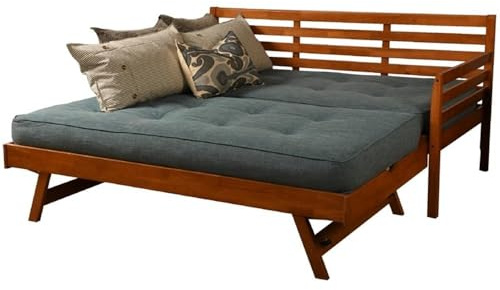 BOWERY HILL Twin-Size Wood Daybed with Pop Up Bed, Brown Finish, Linen Aqua Upholstered Spring Mattresses, Converts to King-Size or 2 Twin Beds, Plantation Hardwood, Sturdy Casters, Bedroom Furniture