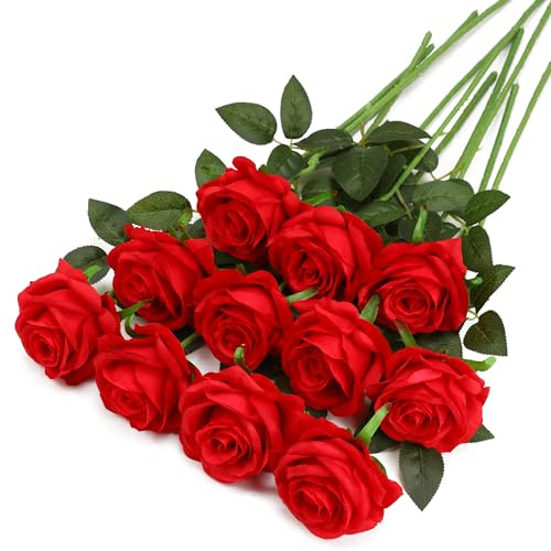FLORRALIA Red Fake Roses Artificial Flowers - 10 Pcs Fake Artificial Roses Silk Flowers with Stems for Home Wedding Hotel Office Centerpiece Decor