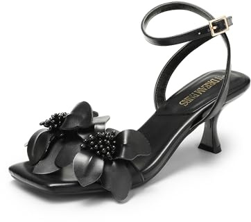 DREAM PAIRS Women's Flower Wedding Heels Cute Square Toe Slingback Low Kitten Heels Sandals with Ankle Strap,Size 8,Black-Pu,SDHS2436W