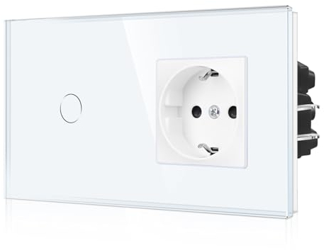 CNBINGO Touch Lichtschalter und Steckdose mit Krallen – Schuko Steckdose unterputz - einfach Wandschalter mit LED Status und Glas Panel – 1 Fach - Weiß