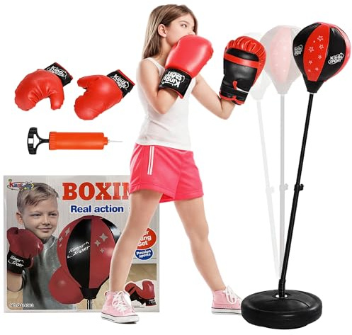 AIYAPLAY Sac de Frappe Enfants Punching Ball sur Pied pour Enfants de 5-10 Ans avec Gants de Boxe et Base de lestage, Sac de Boxe réglable en Hauteur 68-102 cm, Rouge