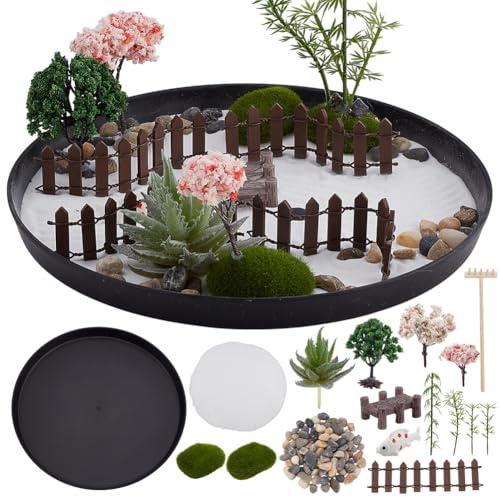 WEBEEDY Kit de Jardin Zen Rond DIY Mini Jardin de Sable Japonais pour Bureau Sable de Roche de Méditation pour Adulte Décor Zen pour la Maison Ou Le Bureau 22.6x22.6cm