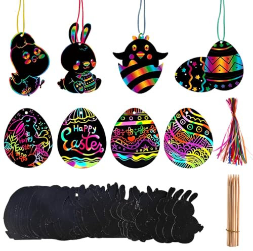 LAJUP 24 Pezzi Uova di Pasqua Scratch Art Artigianato Pasquale Fai da Te Lavoretti di Pasqua per Bambini Scratch Art Gratta Bambini Carta Grattare Decorazioni Pasqua da Appendere