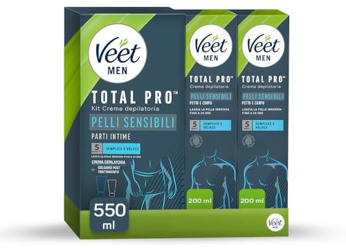 Veet Men Crema Depilatoria Petto e Corpo, Pelli Sensibili, Dermatologicamente Testata, 2x200ml + Kit Depilazione Intima, Pelli Sensibili, Crema Depilatoria da 100ml e Balsamo Post Depilazione da 50ml