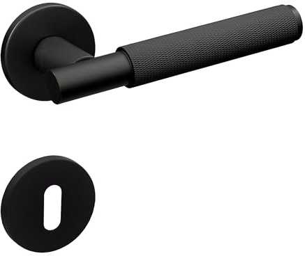 Gavroche Set di maniglie per porte nere opache, con rosette rotonde in alluminio, a forma di L e superficie strutturata