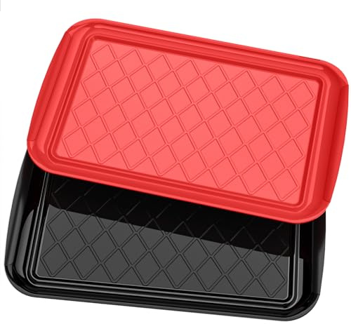 Grilling Prep & Serve Trays for Party Set of 2, Large BBQ Serving Platters | Dishwasher Safe Plastic Trays for Raw and Cooked Food 17×10.5 Stackable Party Supplies for Grilling, Meal Prep, Red/Black