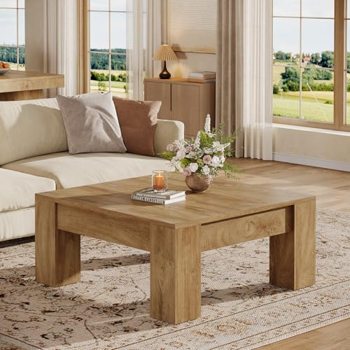 Tribesigns Mesa de Centro, 100 x100 x 50 cm, Mesa Auxiliar para Salón o Comedor Sala de Estar Balcón Oficina, Mesa de Centro Cuadrada con Patas de Madera Resistentes, Marrón Claro