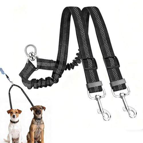 Double Dog Lead for Walking 2 Dogs No Tangle with 360°Swivel Rotation,Adjustable Shock Absorbing,Reflective Bungee Double Lead For 2 Dogs for Walking and Traning,Black(for Pets 10-25kg)