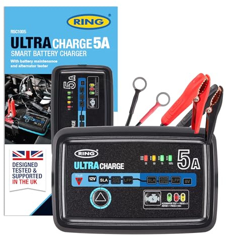 RING ULTRACHARGE 5A Smart Car Charger & Battery Maintainer With Built-In Alternator Testing - Compatible With Lithium Ion, Lead Acid, Gel, EFB & AGM Batteries (6V & 12V Compatible)