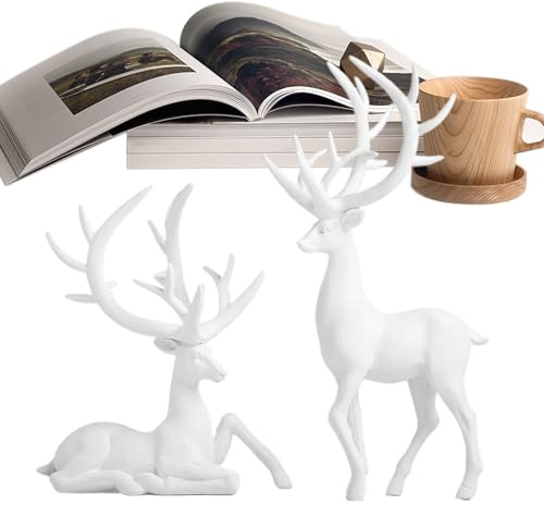 Generisch Decorazione natalizia a forma di renna | 2 pezzi in resina | Bianco Argento Renna Figure Decorazione da tavolo - Per camera da, cucina, scrivania, inverno, festività, studio, negozio
