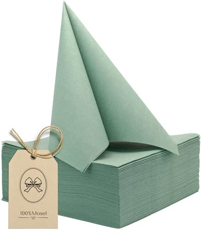 100% Mosel Airlaid Servietten, 50 Stück (40 x 40 cm), in Eukalyptus Grün – stoffähnlich & beidseitig farbig – Premium Tischdeko für Hochzeit, Kommunion, Konfirmation, Taufe & Geburtstag