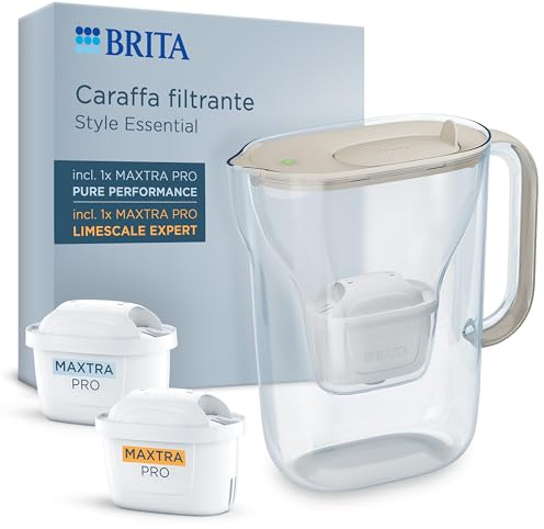 BRITA Caraffa Filtrante Acqua Style Essential (Sand, 2.4L - 1X MAXTRA PRO Pure Performance, 1X MAXTRA PRO Lime)