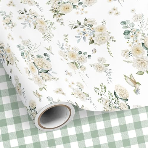 SHUCHING Presentpapper vita blommor – 43 cm x 10 m | Grönt rutigt presentpapper rulle för flickor kvinnor födelsedag, bröllop, årsdag, brudfest