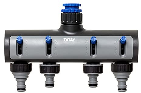 TATAY Distribuidor Universal Premium de Mangueras, 4 vías, para Grifos de 1/2 pulgadas, 3/4 pulgadas, 1 pulgadas, Conector Universal, Regulador, Protección Solar, Fácil Instalación. Gris-Negro