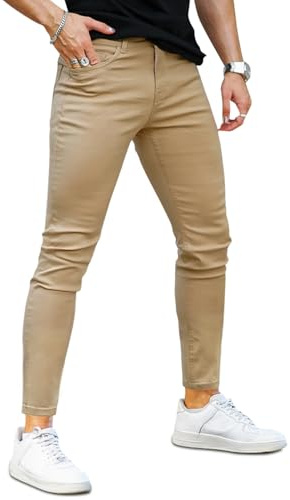 GINGTTO Jeans for Men Slim Stretch Denim Skinny Pants Khaki 34W30L