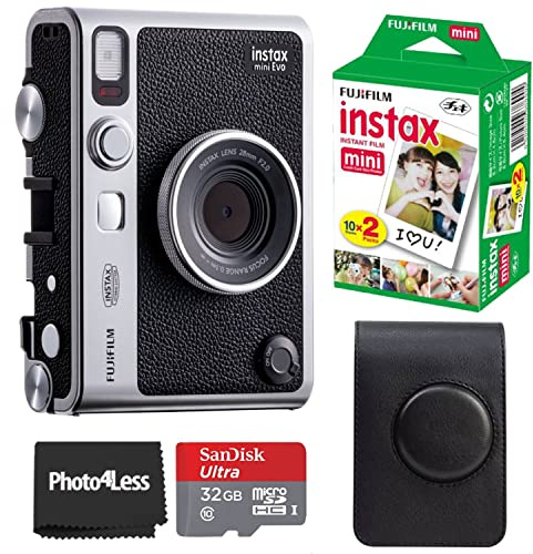 Fujifilm Instax Mini EVO Hybrid Black Instant Camera | Instax Mini Twin Pack Instant Film | 32GB microSD Card with Adapter | Black Camera Case