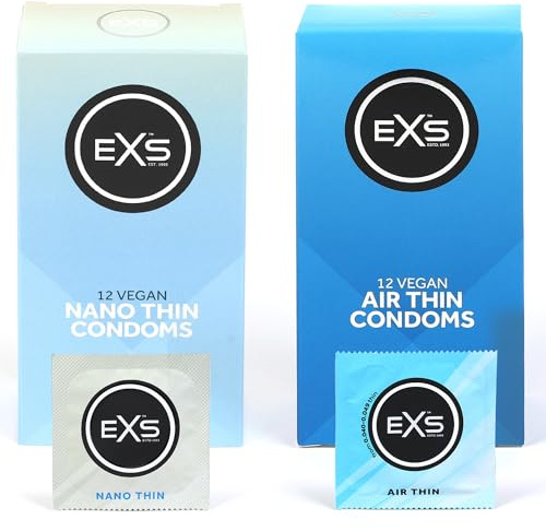 EXS Super Thin Condoms Bundle (12x Air Thin, 12x Nano) Regular Fit, Premium Latex, Non-Spermicidal Lube, Flared, PETA-Approved Vegan Condom, 3 Year Expiry Life - CE Marked NHS Approved Male Condoms