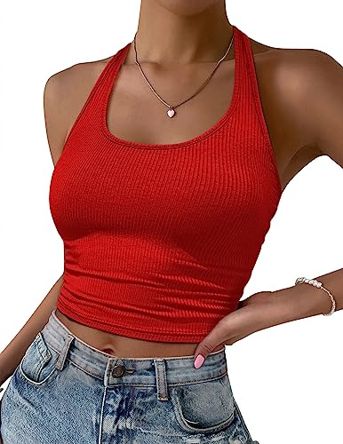 Ekouaer Crop Top Tank Top for Women Backless Vest Sommer Going Out Tops Ribbed Knitted Basic Vest Tops S-XXL