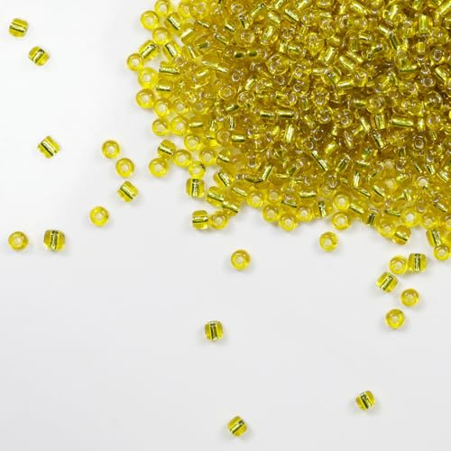 Tibaoffy Transparent Yellow with Silver Lined Beads Size 6/0 Crafts Glass Seed Beads 4mm for Jewelry Making (Total About 100g About 1200pcs)