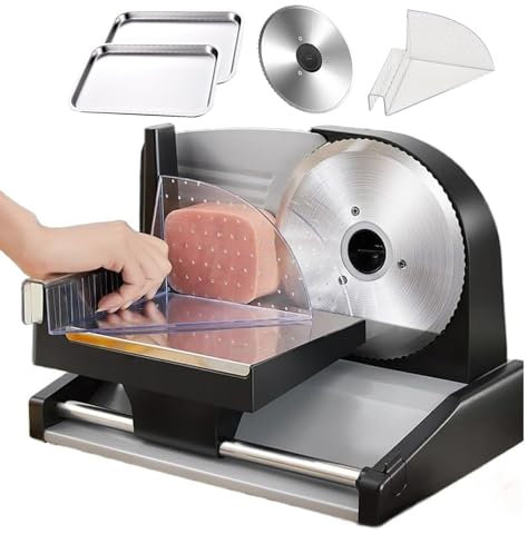 pedenencelia Cortadora Eléctrica Alimentos para Fiambres,con Cuchilla Acero Inoxidable Extraíble19Cm&2 Bandejas Y Empujador Alimentos, Máquina Cortadora Alimentos Grosor Ajustable 0-1,5Cm 200 W