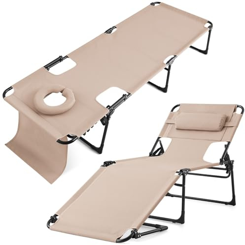 KING BIRD klappbar Sonnenliege mit Gesichtsöffnung,Liegestuhl mit 5-stufig Verstellbarer Rückenlehne,Relaxliege inkl.Kopfkissen zum Sonnenbaden für Garten und Poolbereich,Beige