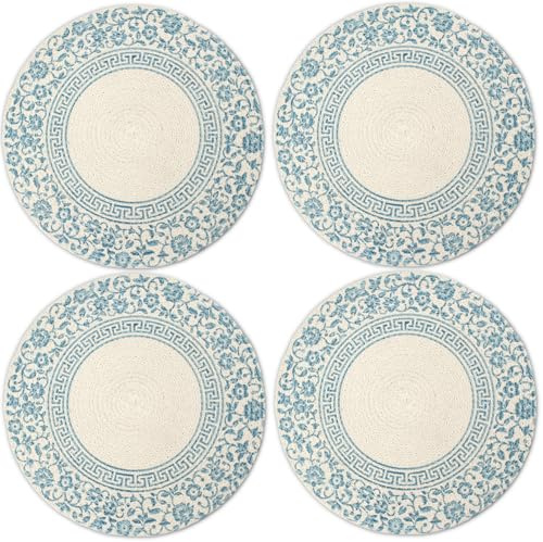 Encasa XO Placemats, Round Cotton Handcrafted Mats 32 cm Blue | Handcrafted Coiled Rope Cotton | Ribbed Texture | Non-Slip Heat Protection | Machine Washable | Set of 4