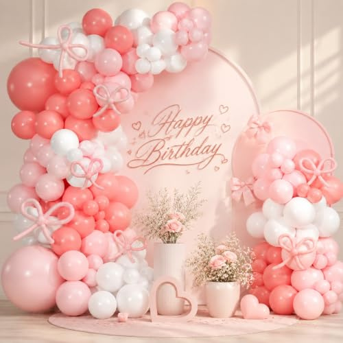 Pink Bow Balloon Arch Kit, 130pcs Baby Pink and White Balloons Arch with Light Peach white Latex Helium Balloon, Bow Princess Balloons for Baby Shower Girls Birthday Party Decorations Wedding
