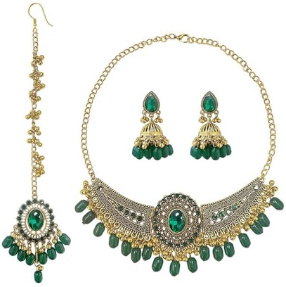 Ensemble De Bijoux Pour Femme Collier Choker Kundan Avec Pendentif Maang Tikka Et Boucles d'Oreilles Jhumka Cristal Parure De Mariage Boho Chic Accessoire Cheveux Pour Soirée Fête Et Cérémonie (Vert)