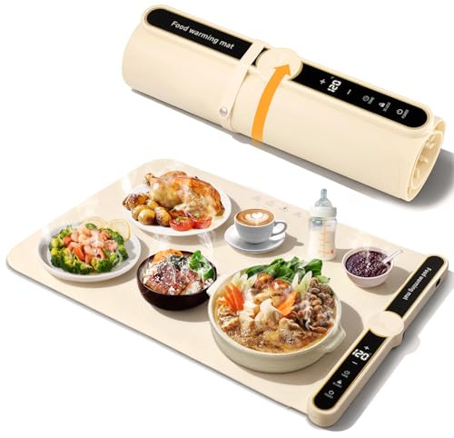 Chauffe Plat Électrique, Plateau Chauffant Électrique Pliable, 40-120°C Plateau Chauffant en Silicone Portable avec Minuteur 6 Heures et 9 Réglages de Température pour Buffets Fêtes 60X38CM (Jaune)