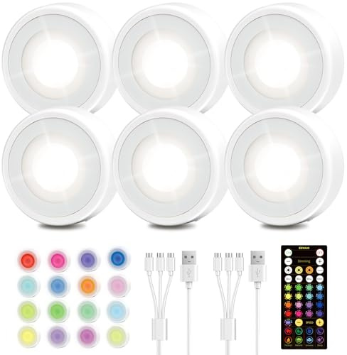 EZVALO LED Puck Lights, 6Pack Rechargeable Battery Touch Light, 2.5'' Mini Tap Lights, Wireless Closet Light, Under Cabinet Lighting, 3 Color & 83 RGB, Stick On Lights for Kitchen,Pantry,Shelves