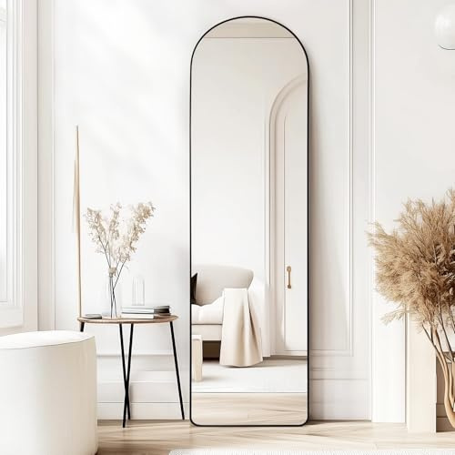 CROWNSHOP Full Length Mirrors 150x40cm Free Standing Arched Aluminium Alloy | Tempered Glass Floor Mirror Wall Full Body Large Hanging Mirror For Hallway, Living Room, Bedroom (Black)