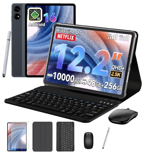 TABWEE T60 Tablet 12 Pulgadas con Teclado - Android 16, 48 GB+256 GB, 10000 mAh, 16 MP+8 MP, 1600 * 2400 FHD+, Widevine L1, Gemini AI 3.1 Pro, Face ID, GPS, Tablet 4G LTE (4 Años de Garantía)