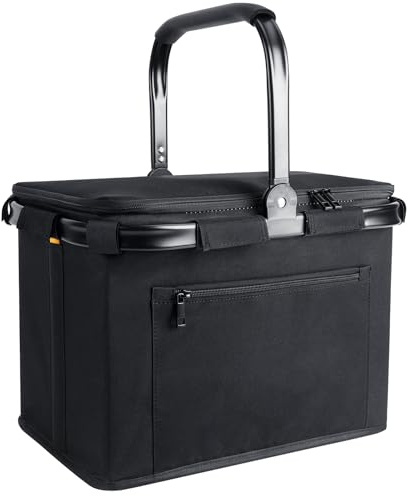 HRX Package 27L Kühlkorb Einkaufskorb, Faltbar Einkaufskorb mit Deckel, Großer Faltbarer Korb, Geeignet (39 x 25 x 28 cm), für Reisen, Camping, Als Lunchbag, mit Seitlicher Stütze(Schwarz)