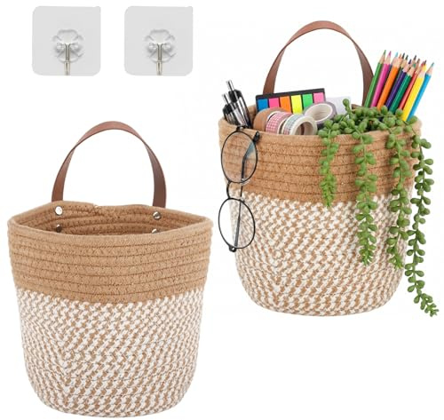 Dwitkul 2 Piezas Cesta Colgante, Cestas Colgantes de Cuerda de Algodón 16 x 18 cm, Cestas de Pared con Asa para Baño, Almacenamiento Colgante, Organizador del Hogar, Organizador de Ahorro de Espacio