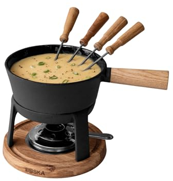 BOSKA Fondue Sets Pro - Cast iron fondue set - Cheese Fondue on tea light - Fondue pot - Cast iron pan - Incl. 4 Wooden Fondue Forks - 4 persons for 875 gr Melted Cheese