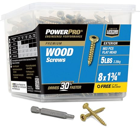 Power Pro Premium Exterior Wood Screws, #8 x 1-3/4Inch All-Purpose Deck Screws for Outdoor Projects, T-25 Star Bit Included, Bronze, 803 Pieces | 48607V4
