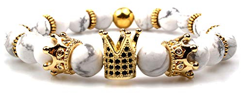 GVUSMIL Imperial Crown Bead Bracelet King&Queen Luxury Charm Couple Jewelry for Women Men (White Howlite)