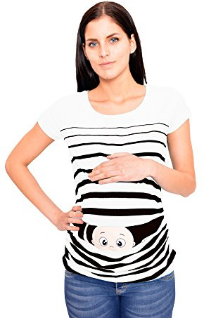 M.M.C. Mammaskjorta kortärmad dam med Guck-Guck-motiv – mammamode T-shirt för graviditeten, rynkfri från 95 % bomull, S till XL, Vit, M