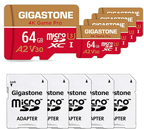 Gigastone 4K Game Pro 64GB MicroSDXC Speicherkarte 5er-Pack und SD-Adapter mit A2 App-Leistung bis zu 95MB/s für 4K Videoaufnahme, Kompatibel mit Switch, Micro SD Karte UHS-I U3 V30 Klasse 10