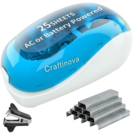 Craftinova elektrisk häftapparat, inklusive 2 000 häftklamrar och 1 häftborttagare, lämplig för palmstorlek och hög komfort, 25 arks kapacitet, AC-adapter eller batteridriven, batteri ingår inte