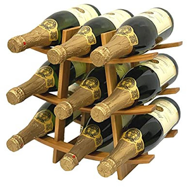 DECOMIL - 9 Bottle Samurai Style Stackable Modular Wine Rack Wine Storage Rack Solid Bamboo Wine Holder Display Shelves, Wobble-Free (9 Bottle Capacity - Samurai Style Capacity)