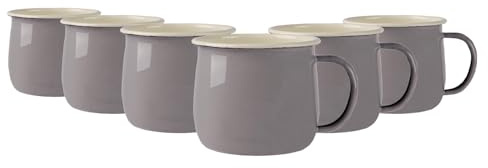 Argon Tableware Enamel Belly Mugs - 375ml - Grey/Cream - Set of 6 Metal Drinking Cups Coffee Teacup Mug Set Hot, Cold Drinks Cups for Home, Kitchen, Dining, Travel, Camping, Hiking & Outdoor Use