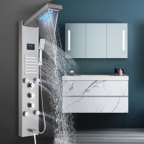 AWorddy LED Colonna Doccia Idromassaggio Pannello Doccia Set in 304 Acciaio Inox con Miscelatore da Massaggi, Soffione Fisso, Doccetta e Bocca Vasca 5 Funzioni per Bagno