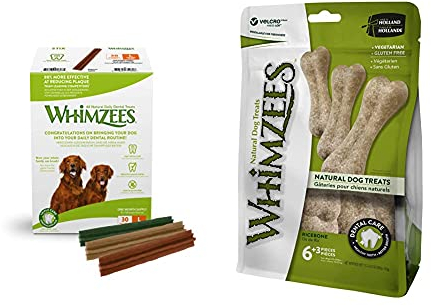 WHIMZEES Stix, natürliche, getreidefreie Zahnpflegesnacks (30 Stück), Größe L & Reisknochen, natürliche, glutenfreie Zahnpflegesnacks, Kauknochen für große Hunde, 9 Stück, Größe M/L
