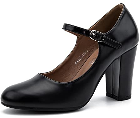 Mary Jane Damen-Pumps mit geschlossenem Zehenbereich, breiter Absatz, runder Zehenbereich, Blockabsatz, Mattes Schwarz, 39 EU