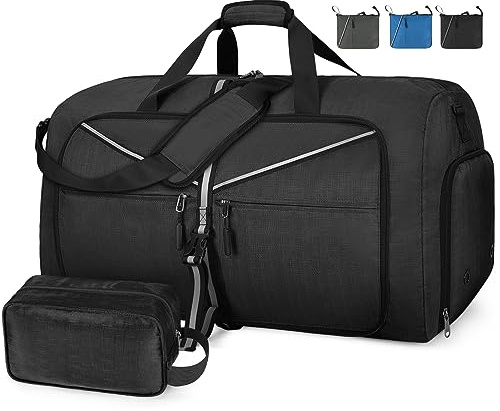 Lubardy Borsone da Viaggio Grande 65L Pieghevole Borsone Palestra Uomo Impermeabile Borsa Sportiva Donna Ultra-Leggero con Scomparto per Scarpecon Nero