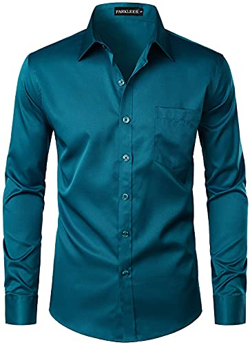 Parklees Herrenhemd, urban, modisch, Freizeit- und Businesshemd, schmale Passform, Langarm, Knopfleiste, Anzughemd mit Tasche, blaugrün, 3XL